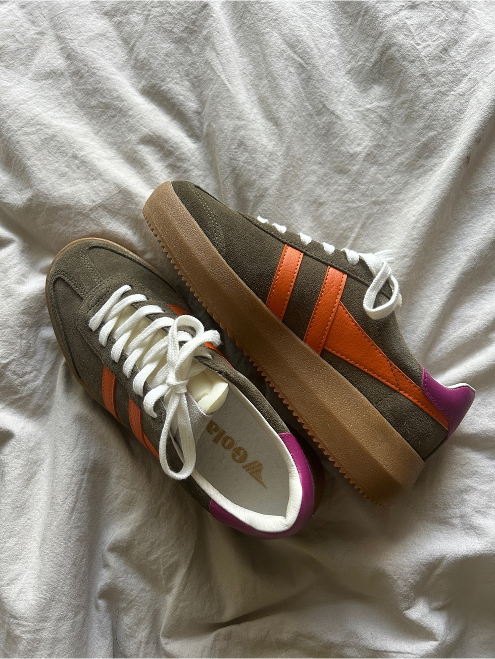Gola Size 7 Olive Suede Sneakers with Orange Stripes